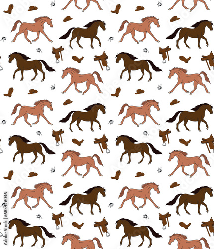 Vector seamless pattern of hand drawn sketch doodle colored western horse isolated on white background