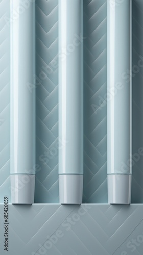 Sleek, minimalist skincare tubes in a soft powder blue, arranged in a herringbone pattern. Each tube has a blank label. Copy space on blank label. © stock contributor 