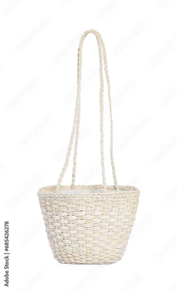Stylish wicker beach bag isolated on white