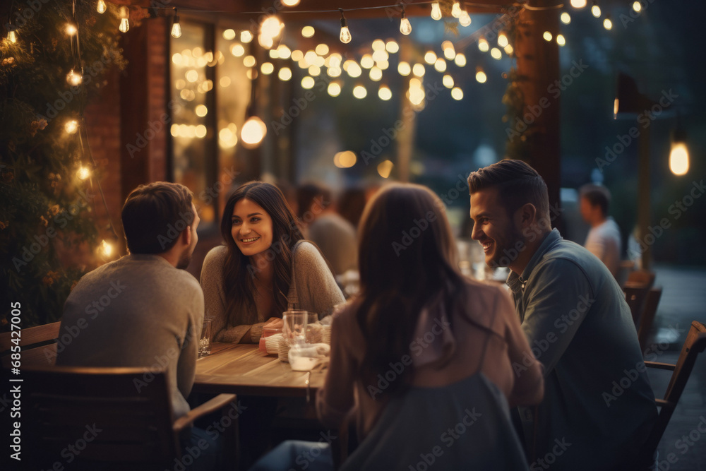 people in a dark garden party outside a house, with glowing festive lights and a natural relaxed vibe of a house-party
