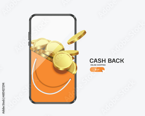 gold coins or money coins place in an orange shopping bag placed in front of a smartphone for a cashback or refund promotion design