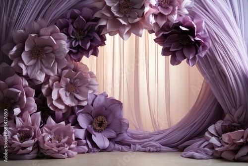 Maternity backdrop, wedding backdrop, photography background, maternity props, Light hoop weaved purple flowers, elegant wall background, flowing white satin drape, backdrop, giant flowers