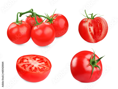 Whole and cut ripe tomatoes isolated on white, set