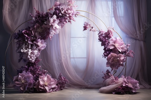 Maternity backdrop, wedding backdrop, photography background, maternity props, Light hoop weaved purple flowers, elegant wall background, flowing white satin drape, backdrop, giant flowers