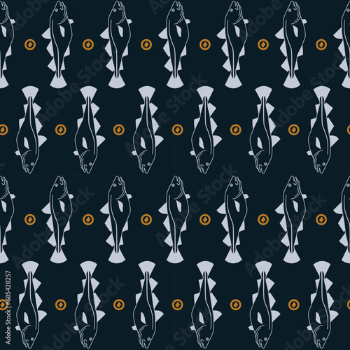 Cod fish swimming vertically repeated pattern on navy blue background. Vector seamless pattern design for textile, fashion, wrapping and paper