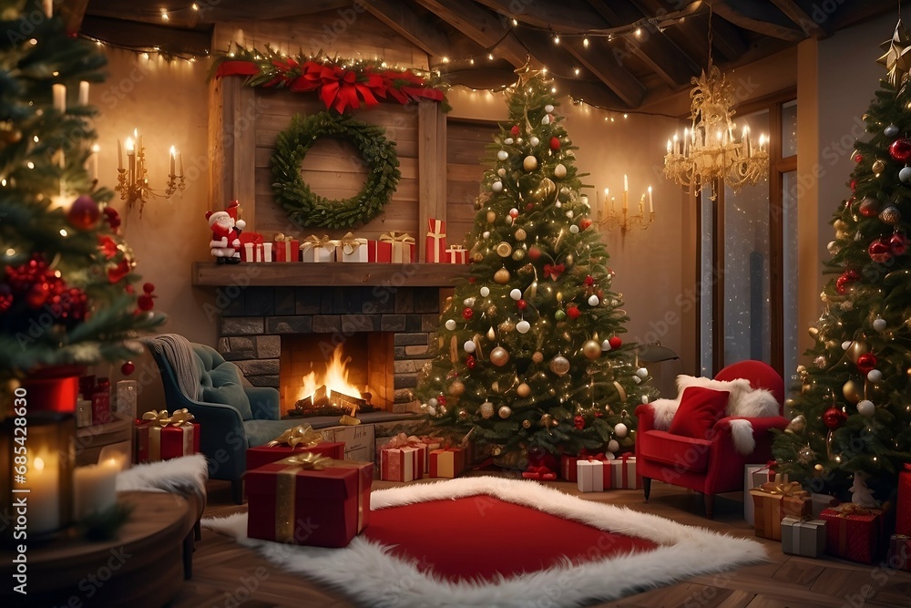 Christmas decoration, Festive ornaments, Christmas tree, Blue and silver balls, red, gold, purple, Garland, Flashing lights, Christmas spirit, Santa Claus by: Reina