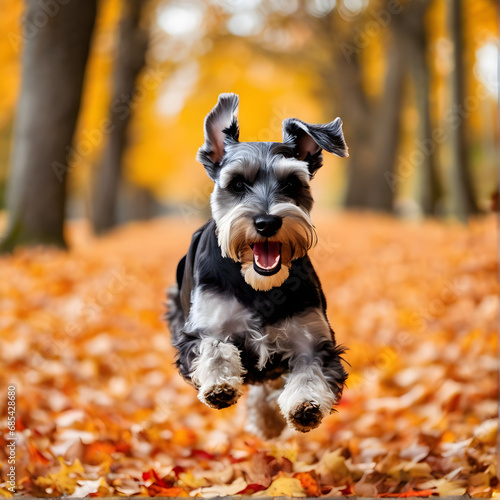 Happy Miniature Schnauzer dog running in the autumn leaves © Andy Walker