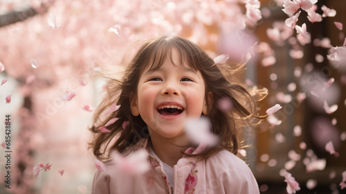満開の桜の下で笑う日本人の女の子