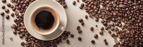 Coffee Cafe horizontal banner design. Top view. Copy space. Ai images generative.