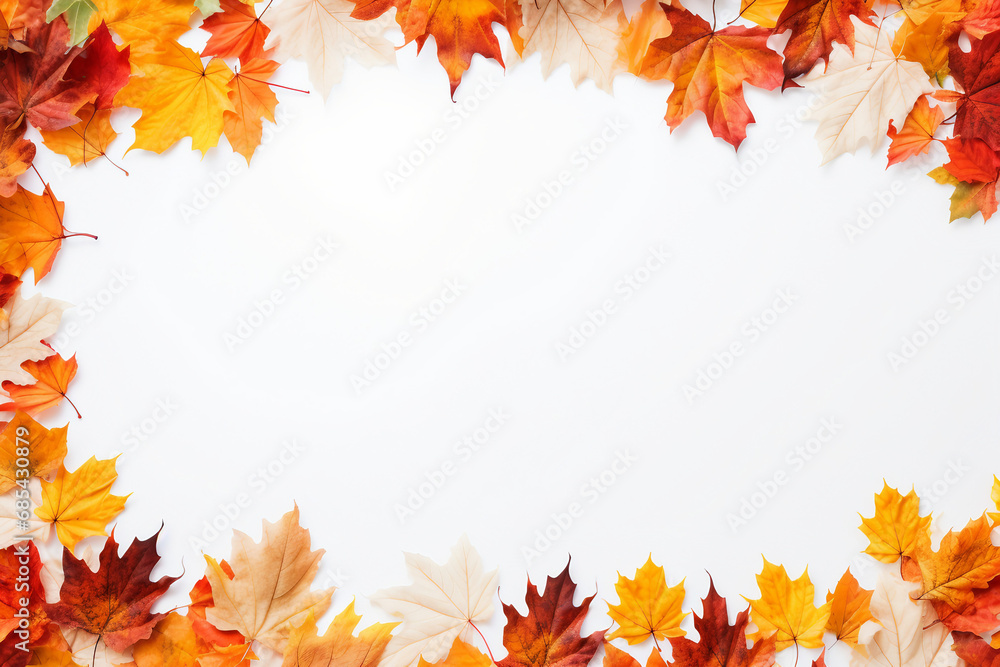 frame from autumn falling leaves with solid white background. overlay texture with copy space