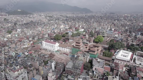 Nepal Kathmandu City Durbar Square Aerial Shot Rotate L to Fly Over Basantapur Log - World Heritage Site photo