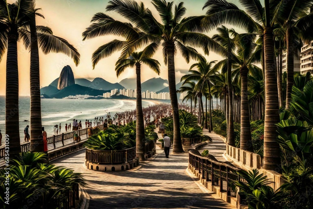 Beautiful landscape of the Copacabana beach boardwalk in Rio de Janeiro, Generative ai.