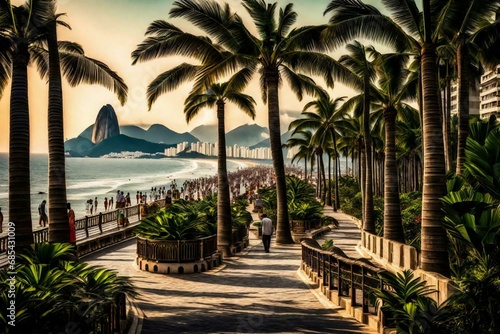 Beautiful landscape of the Copacabana beach boardwalk in Rio de Janeiro, Generative ai.