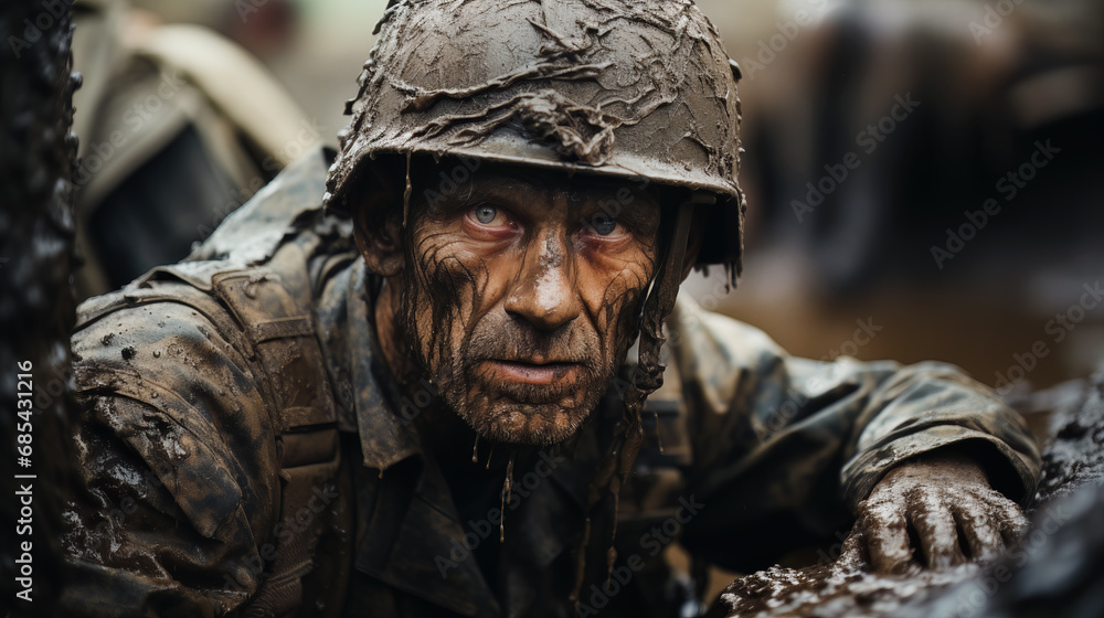 Worn-out Fighter in Trench, Soaked in Mud, Staring Wearily at Camera