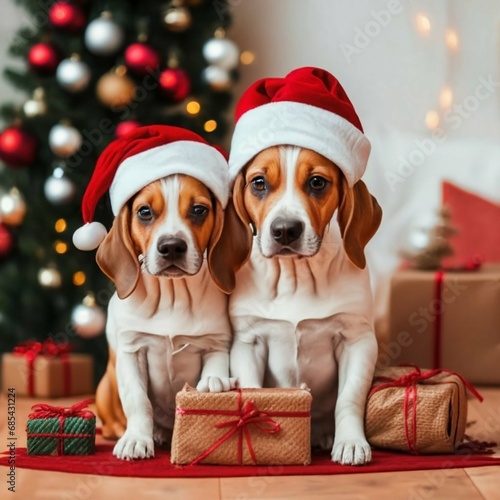 En la imagen, se ven perros con gorros de Navidad en un ambiente festivo y nevado. Hay un árbol de Navidad decorado y regalos alrededor. Los perros transmiten alegría y felicidad en esta época especia © Juan