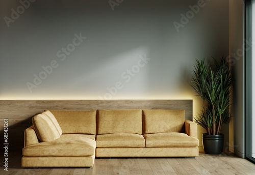 Accent premium mustard yellow sofa in living loungeroom. Ocher color in the interior design room home or office. Couch and empty painted gray wall background for art. Wood veneer trend. 3d render  photo