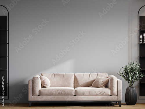 Beige taupe sofa and gray walls - minimal lounge room design. Premium livingroom or office  reception hotel. Black accent decor details. Scene background for mockup canvas  art or paint. 3d render
