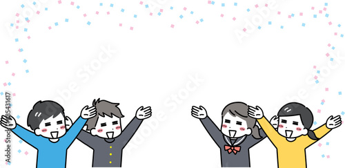 喜ぶ中学生の男女と親