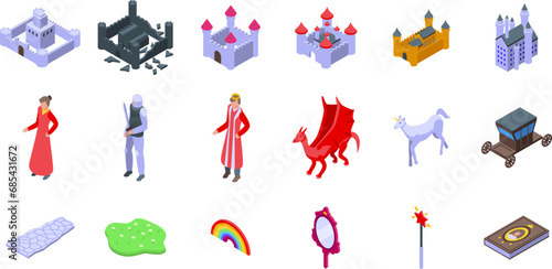 Fairytale princess castle icons set isometric vector. Middle age magic. Rainbow unicorn