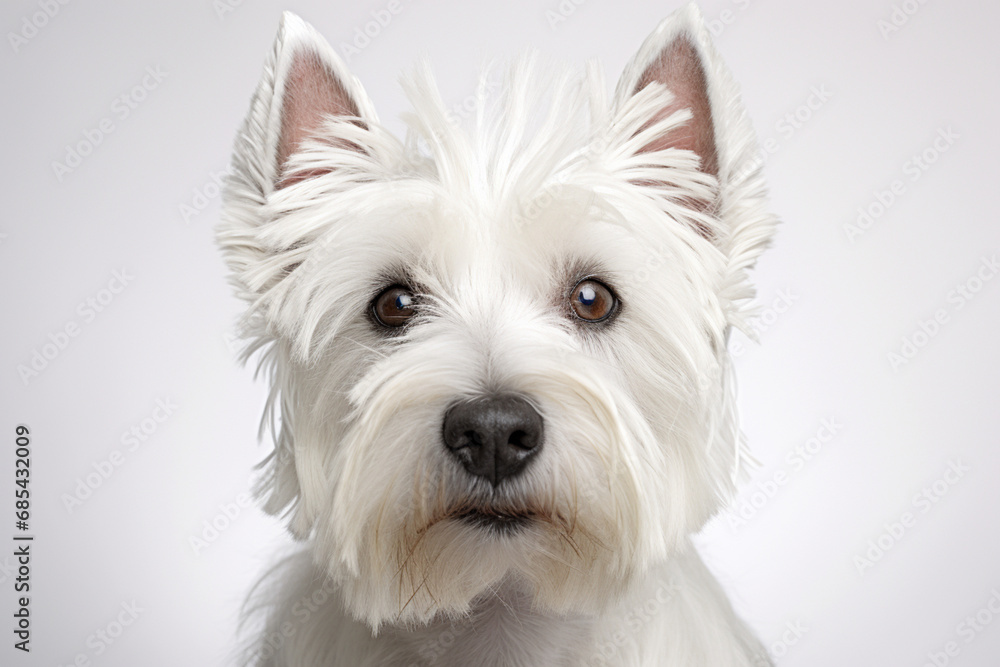 West Highland White Terrier dog close-up portrait on a white background. West Highland White Terrier dog close-up portrait on a white background.