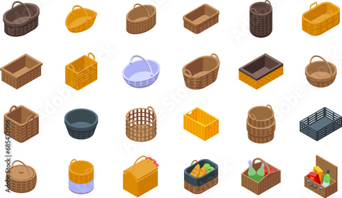 Wicker basket icons set isometric vector. Picnic bottle food. Park snack outdoor