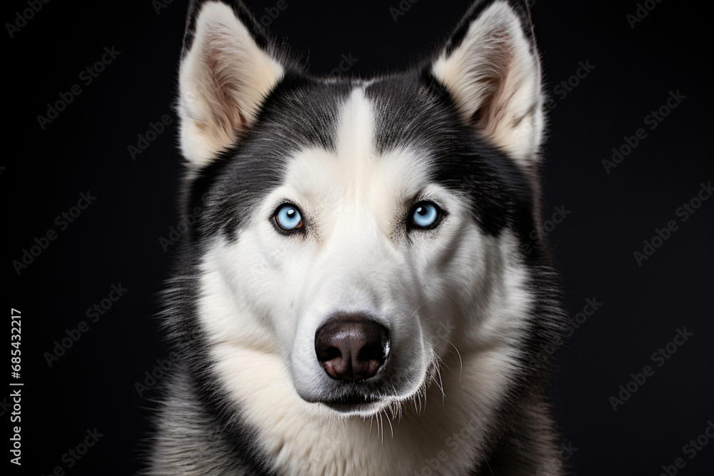 Siberian Husky close-up view portrait. Adorable canine studio photography.