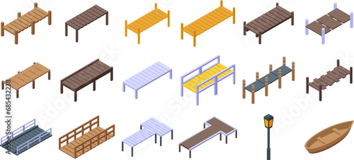Wooden pier icons set isometric vector. Sea water boat. Fishing dock photo