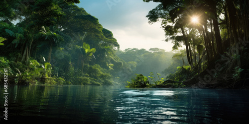 The Brazil and Colombian Amazon river - High res photo with HDR and texture, beautiful focus on the water and the lush plant life around the river