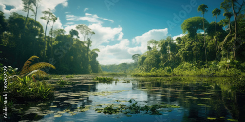 The Brazil and Colombian Amazon river - High res photo with HDR and texture, beautiful focus on the water and the lush plant life around the river