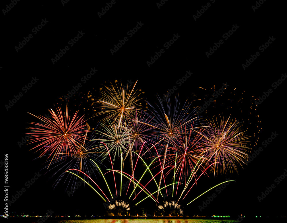 Fireworks show under defocus or blur concepts with isolated black background at night, this celebration is for the International Fireworks Festival in Pattaya on Nov 24-25 in Thailand. Fireworks show under defocus or blur concepts with isolated black background at night, this celebration is for the International Fireworks Festival in Pattaya on Nov 24-25 in Thailand.