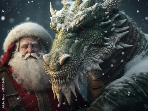 Santa Claus with a green dragon close-up.