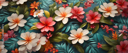 a lively and colorful stylish retro aloha pattern with painted leaves and blossoms that exude a natural and exotic feel, capturing the essence of summer in a playful and charming way