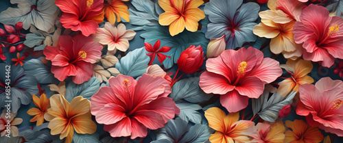 Capture the beauty of nature with a colorful hibiscus pattern in a whimsical and playful drawing style, featuring the exotic flowers in bold and striking designs that will add a pop of color to any su