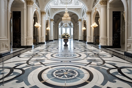 A grand marble floor arrangement with regal patterns and exquisite attention to detail.