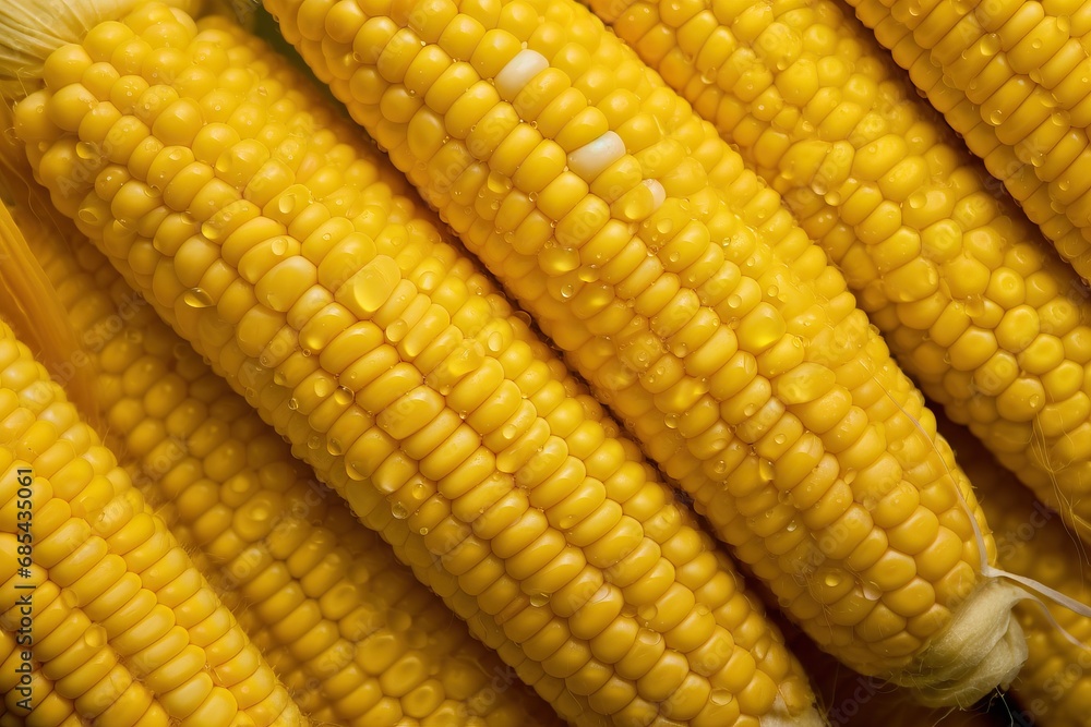 Close up of fresh corn on the cob with water droplets. Close up of fresh corn on the cob with water droplets.