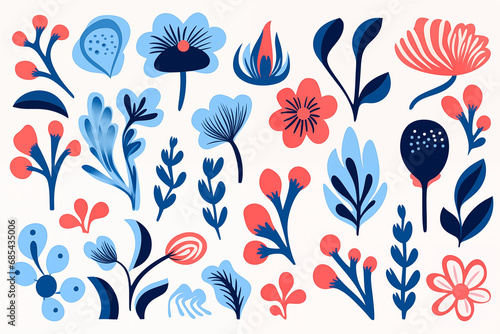 Contemporary algae leaf print, modern blue floral elements shapes. Vector art , abstract background matisse.