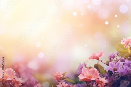 Blurred background of spring flowers with bokeh and sun light