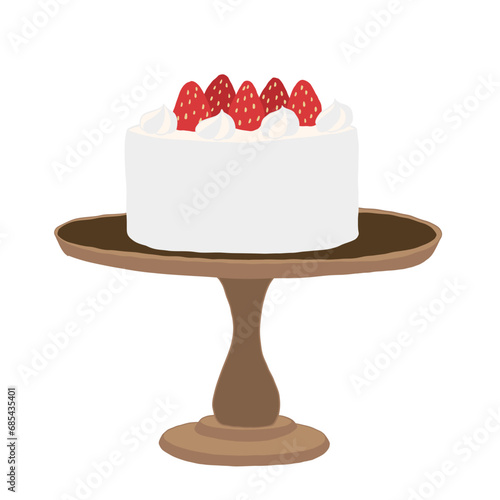 A strawberry birthday cake on a tray. Hand-drawn illustration.