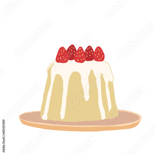 A strawberry Chiffon birthday cake on a plate. Hand-drawn illustration.