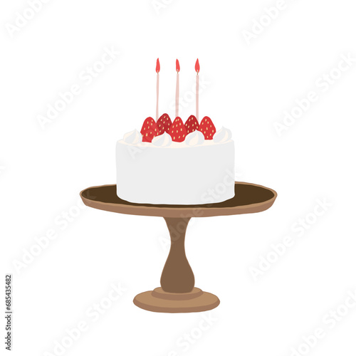 A strawberry birthday cake with candles. Hand-drawn illustration.