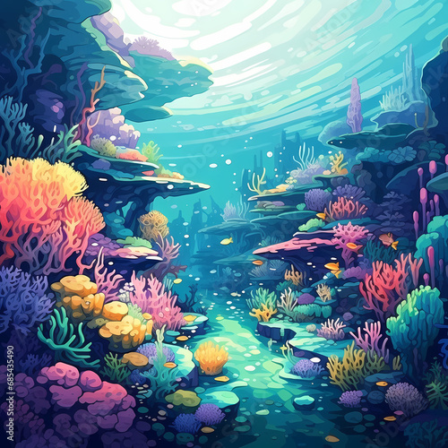 a pixelated fantasy world inspired by coral reefs