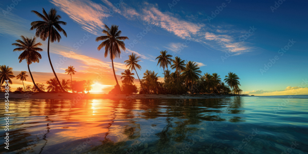 Beautiful Fiji tropical beach and clear blue and green water, with palm trees, beautiful nature photography