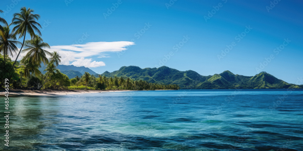 Beautiful Fiji tropical beach and clear blue and green water, with palm trees, beautiful nature photography Beautiful Fiji tropical beach and clear blue and green water, with palm trees, beautiful nature photography
