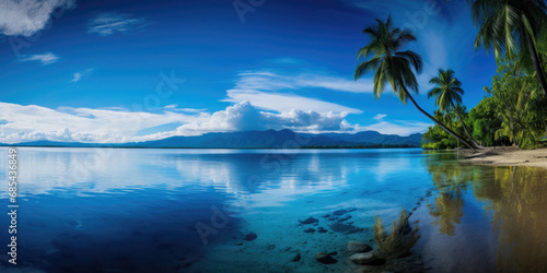 Beautiful Fiji tropical beach and clear blue and green water, with palm trees, beautiful nature photography