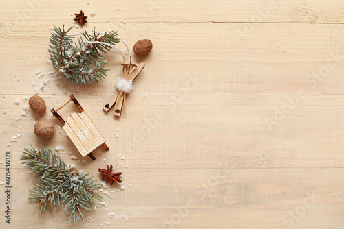 Wooden toys with snow, nuts...