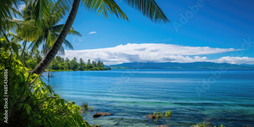 Beautiful Fiji tropical beach and clear blue and green water, with palm trees, beautiful nature photography