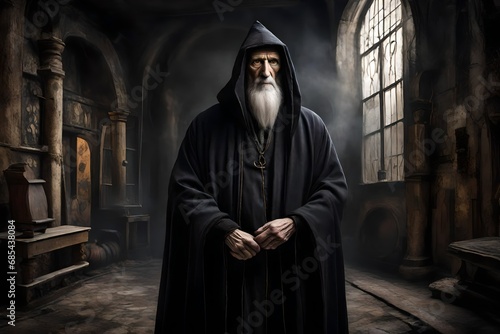 A full body portrait of a tall man wearing a black hood, a type of elderly wizard photo