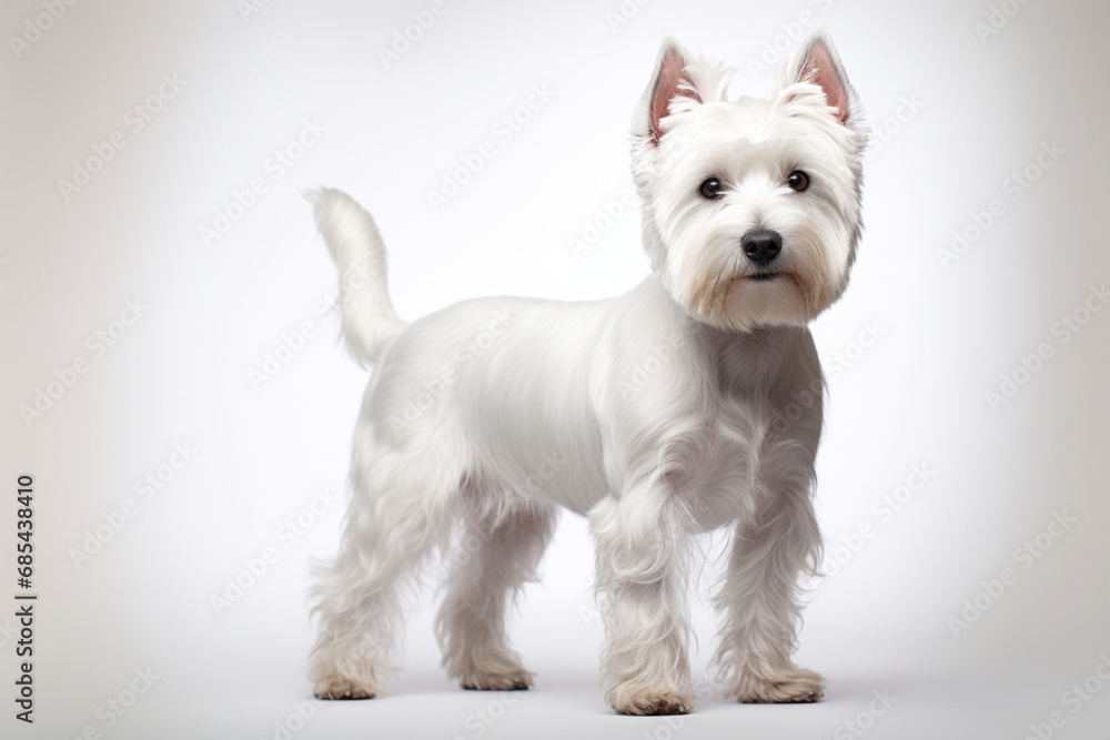 West Highland White Terrier dog standing on a white background. Animal right-side portrait. West Highland White Terrier dog standing on a white background. Animal right-side portrait.