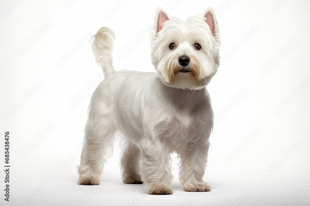 West Highland White Terrier dog standing on a white background. Animal right-side portrait. West Highland White Terrier dog standing on a white background. Animal right-side portrait.