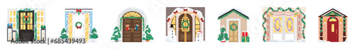Collage of front doors decorated for Christmas celebration on white background